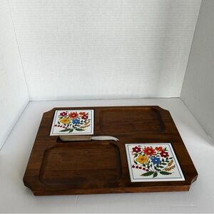 Vintage Wooden Charcuterie Cheese Board with  Retro Floral Tiles